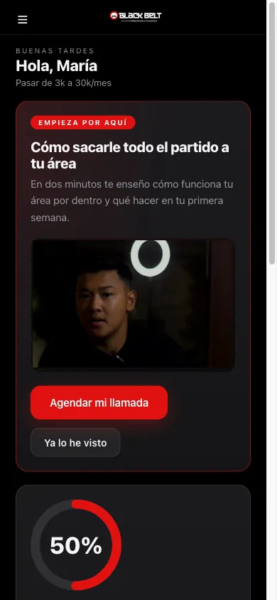 La bienvenida del área privada, con el vídeo de Angelo dentro