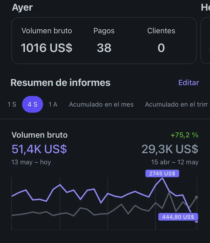 Panel de Stripe de un cliente con los pagos del día y la evolución del mes